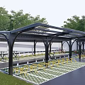 Bicycle Parking Area With Black Metal Canopy Checkerboard Pattern Floor And Surrounding Trees