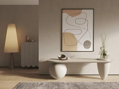 Modern Interior Decor Featuring Abstract Painting Floor Lamp White Bench Vase With Plants And Rug 3d model