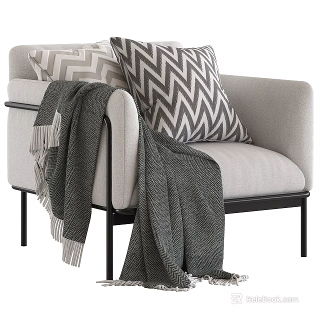 Light Gray Armchair With Chevron Pattern Pillows And Gray Blanket On Black Metal Legs 3d model 