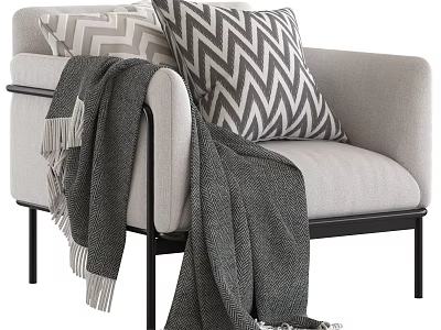 Light Gray Armchair With Chevron Pattern Pillows And Gray Blanket On Black Metal Legs 3d model
