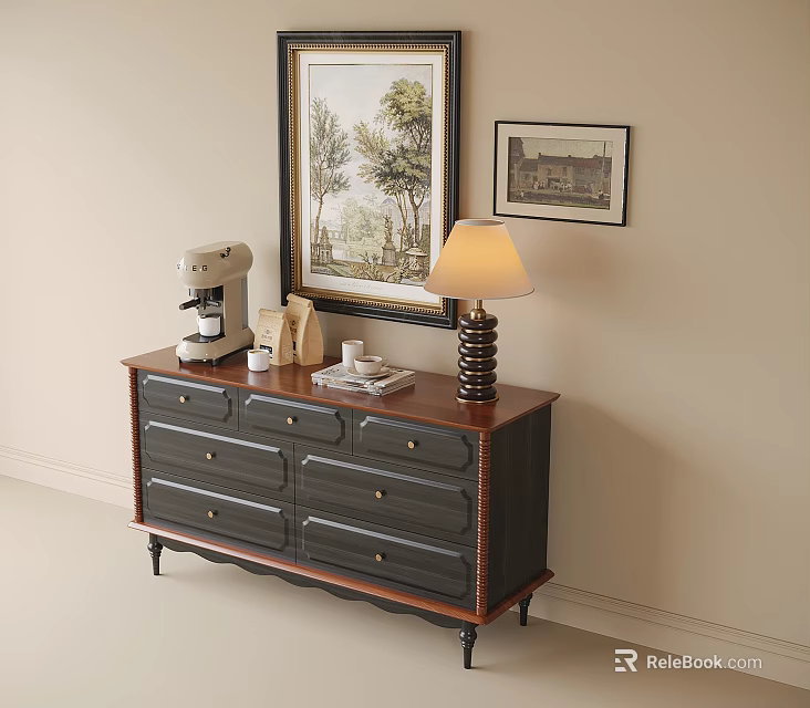Dark Wood Console Table With Drawers Coffee Machine Table Lamp And Wall Art Paintings 3d model 