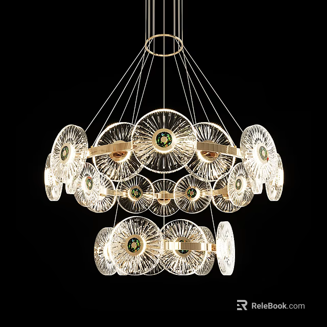 Elegant Modern Double Layered Glass Chandelier With Circular Panels And Green Accents 3d model 