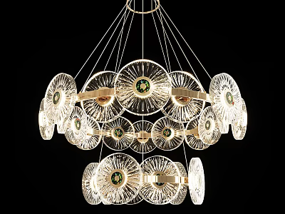 Elegant Modern Double Layered Glass Chandelier With Circular Panels And Green Accents 3d model
