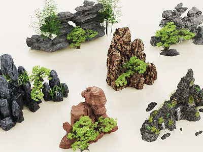 Decorative Garden Ornaments With Natural Rock Formations And Small Green Plants 3d model