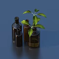 Green Leaf Potted Plant in Brown Glass Bottle Among Several Bottles on Blue Background