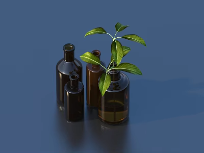 Green Leaf Potted Plant in Brown Glass Bottle Among Several Bottles on Blue Background 3d model