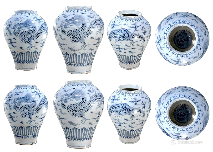 Blue and White Porcelain Vase Decorative Ornament Set with Dragon Patterns for Home Decor 3d model 