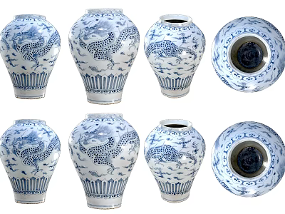Blue and White Porcelain Vase Decorative Ornament Set with Dragon Patterns for Home Decor 3d model