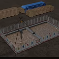 Construction Site Fencing Enclosing Drilling Area With Wooden Pallets And Blue Tarpaulin
