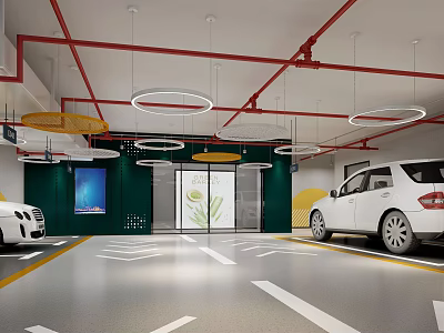 Modern Indoor Parking Garage Interior With Circular Pendant Lights Red Pipes And White Cars 3d model