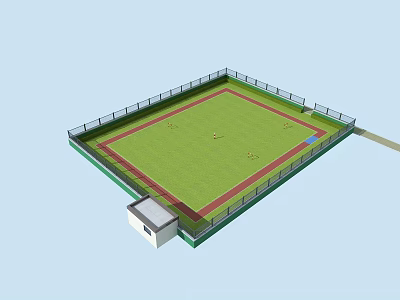 Green Grass Soccer Field With Red Running Track Surrounding Fence And Small Building 3d model