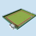 Green Grass Soccer Field With Red Running Track Surrounding Fence And Small Building