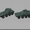Two Teal Military Armored Wheeled Vehicles With Antennas And Tactical Equipment
