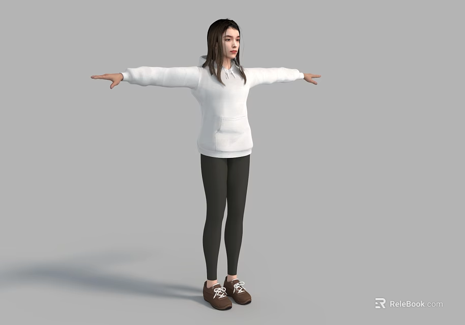 Woman In White Hoodie Black Leggings And Brown Shoes With Arms Outstretched On Gray Background 3d model 