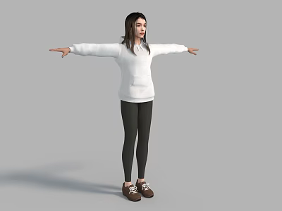 Woman In White Hoodie Black Leggings And Brown Shoes With Arms Outstretched On Gray Background 3d model