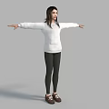 Woman In White Hoodie Black Leggings And Brown Shoes With Arms Outstretched On Gray Background
