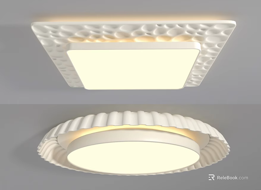 White Square And Round Ceiling Lights With Wavy Decorative Edges Modern Design 3d model