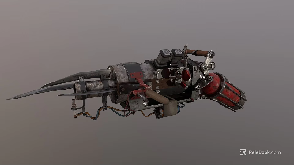 Steampunk Mechanical Weapon With Spiked Protrusions Red Cylinder And Metal Pipes 3d model 