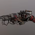 Steampunk Mechanical Weapon With Spiked Protrusions Red Cylinder And Metal Pipes