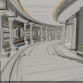 Futuristic White Corridor Interior With Curved Walls Ceiling Golden Lines Embedded Panels And Smooth Floor