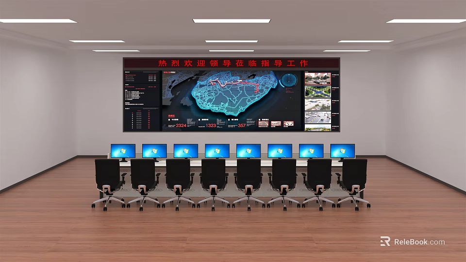 Modern Monitoring Room With Large Surveillance Screen Multiple Monitor Displays And Work Chairs 3d model 
