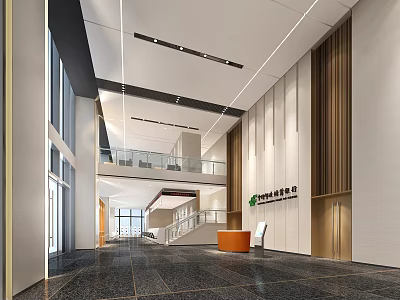 Modern Company Reception Hall With Spacious Area Marble Floor Wooden Wall And Glass Railing 3d model