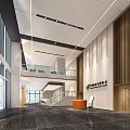 Modern Company Reception Hall With Spacious Area Marble Floor Wooden Wall And Glass Railing