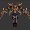 Game Movie Sci Fi Character With Orange Blue Mechanical Armor And Exoskeleton Arms
