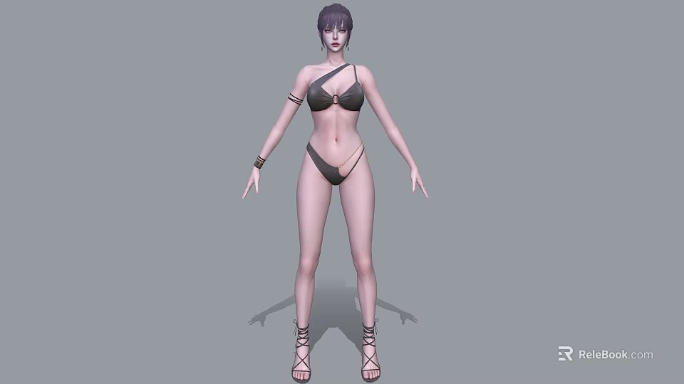 Woman in Black Bikini with Purple Hair Wearing Armlets and Anklets Standing in Gray Background 3d model 