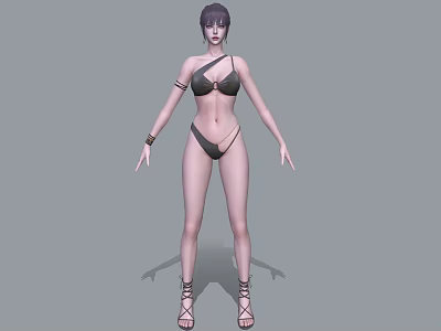 Woman in Black Bikini with Purple Hair Wearing Armlets and Anklets Standing in Gray Background 3d model