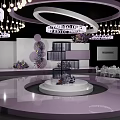 Elegant Wedding Banquet Hall With Floral Decorations Chandeliers And Round Stage