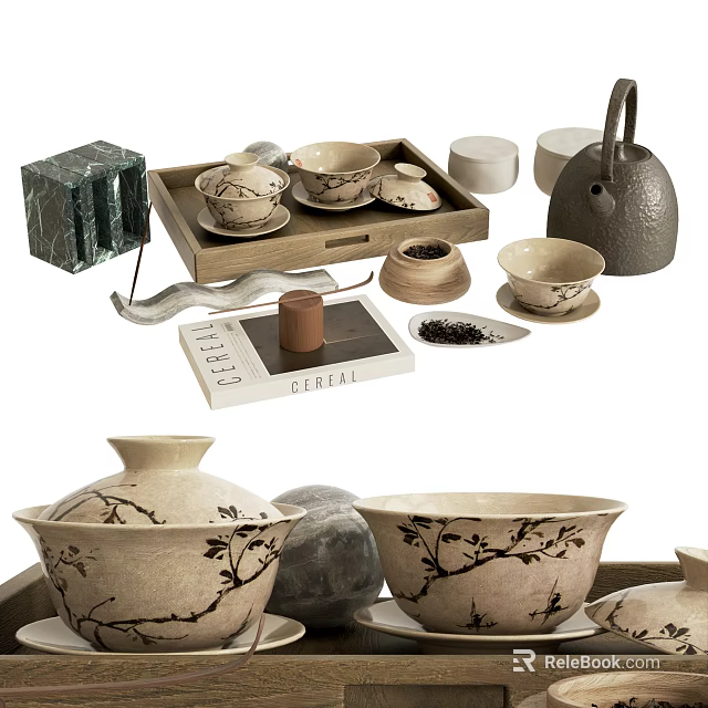 Elegant Traditional Ceramic Tea Set With Teapot Teacups Wooden Tray And Tea Caddy 3d model 