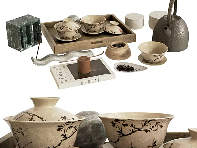Elegant Traditional Ceramic Tea Set With Teapot Teacups Wooden Tray And Tea Caddy 3d model