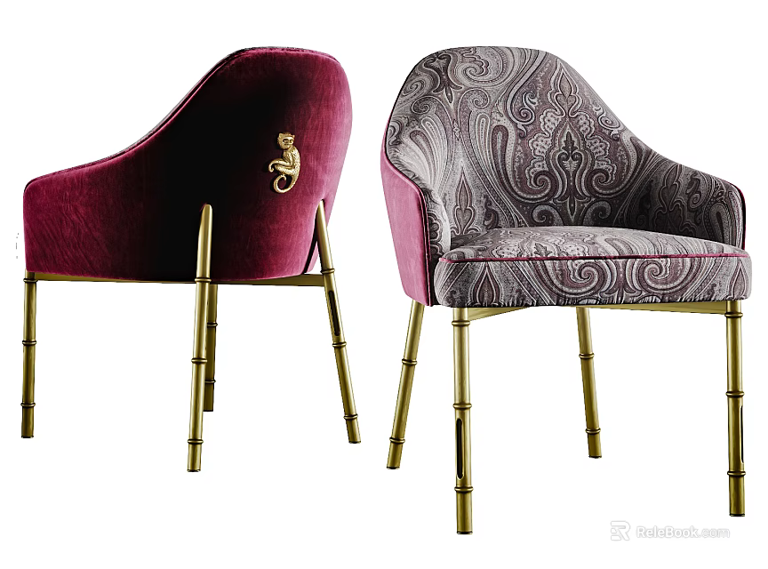 Luxury Dining Chairs With Red Velvet And Paisley Fabric Golden Bamboo Legs Armrests And Emblem 3d model 