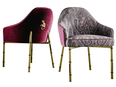 Luxury Dining Chairs With Red Velvet And Paisley Fabric Golden Bamboo Legs Armrests And Emblem 3d model