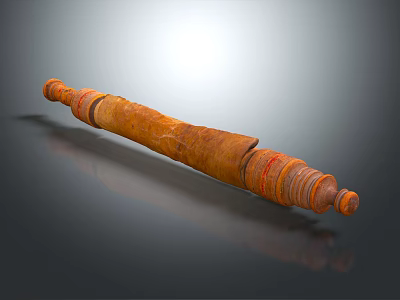 Handcrafted Wooden Rolling Pin With Natural Wood Texture And Decorative Orange Rings 3d model