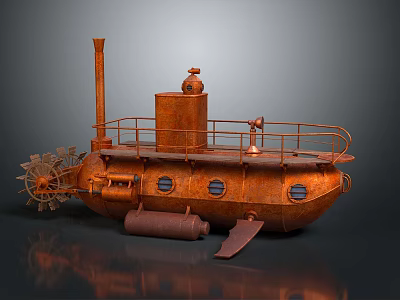 Vintage Copper Rusted Water Vehicle With Propeller Observation Tower Round Windows And Deck Railings 3d model