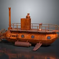 Vintage Copper Rusted Water Vehicle With Propeller Observation Tower Round Windows And Deck Railings