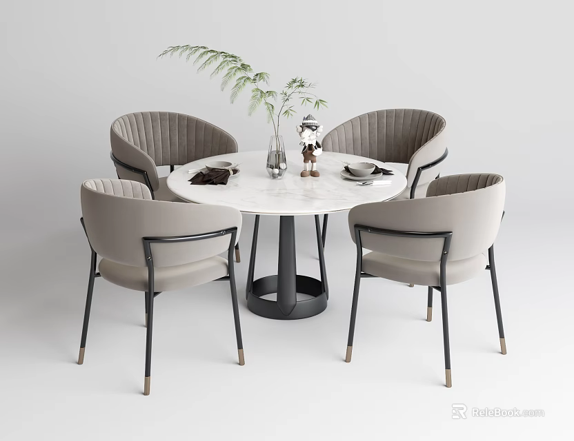 Elegant Round Marble Top Dining Table Set with Gray Chairs and Greenery Vase 3d model