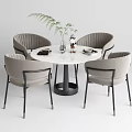 Elegant Round Marble Top Dining Table Set with Gray Chairs and Greenery Vase 3d model