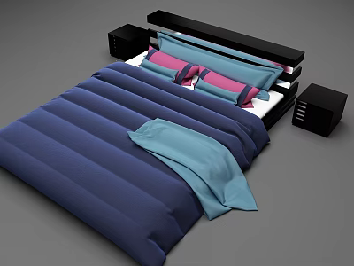 Modern Bedroom Interior Design With Blue Linens Pink Pillows And Black Nightstands 3d model