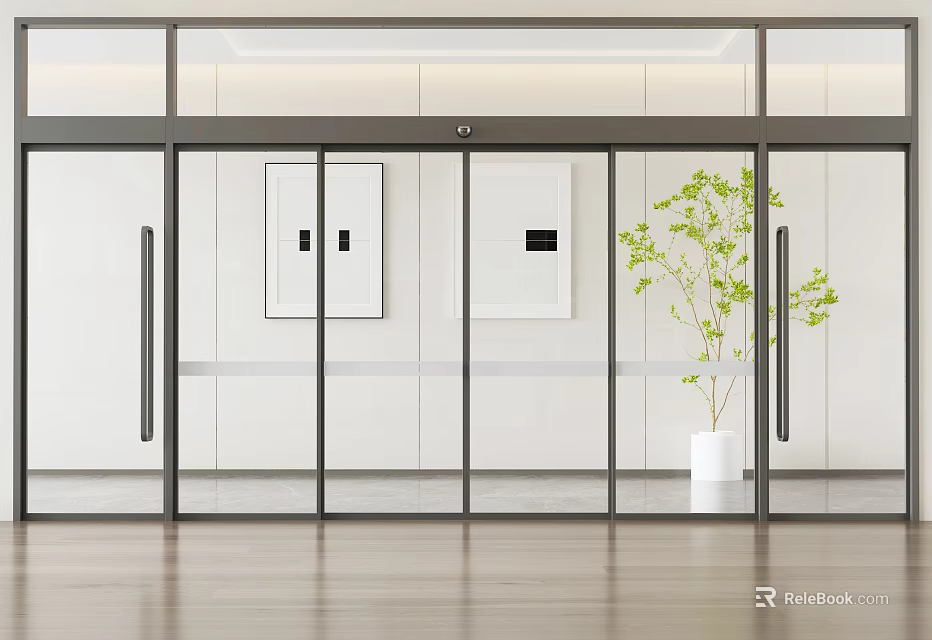 Modern Interior Space With Glass Doors White Walls Wooden Flooring Green Plant And Two Paintings 3d model 