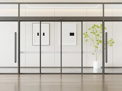 Modern Interior Space With Glass Doors White Walls Wooden Flooring Green Plant And Two Paintings 3d model