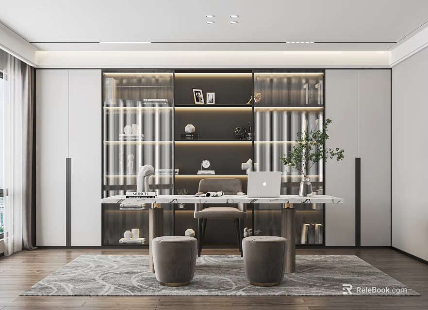 Modern Study Room Interior Design With Glass Shelves Desk Laptop Potted Plant And Area Rug 3d model 