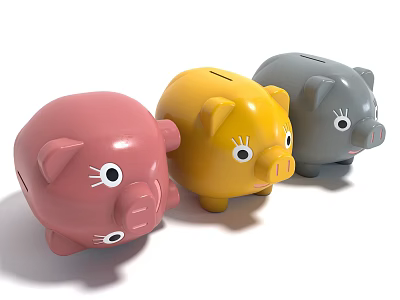Cute Piggy Bank Dolls in Pink Yellow and Gray Colors with Adorable Faces 3d model