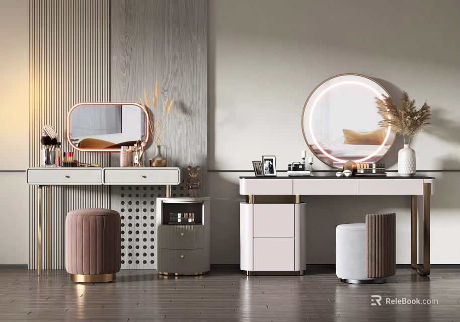 Elegant Modern Dressing Tables With Round Mirror Storage Drawers And Ottoman Stools 3d model