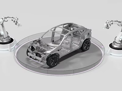 Industrial Robots Handling Car Frame in Commercial Manufacturing Equipment Setup 3d model