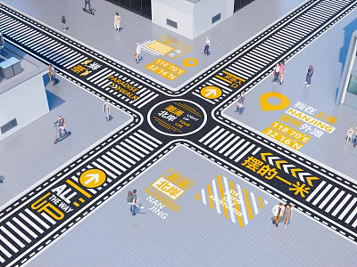 Municipal Road Intersection Featuring Pedestrian Crossings Yellow Safety Markings And Directional Arrows 3d model