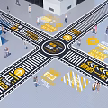 Municipal Road Intersection Featuring Pedestrian Crossings Yellow Safety Markings And Directional Arrows