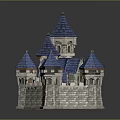 Fairy Tale Castle Model With Blue Spire Roofs And Stone Tower Walls